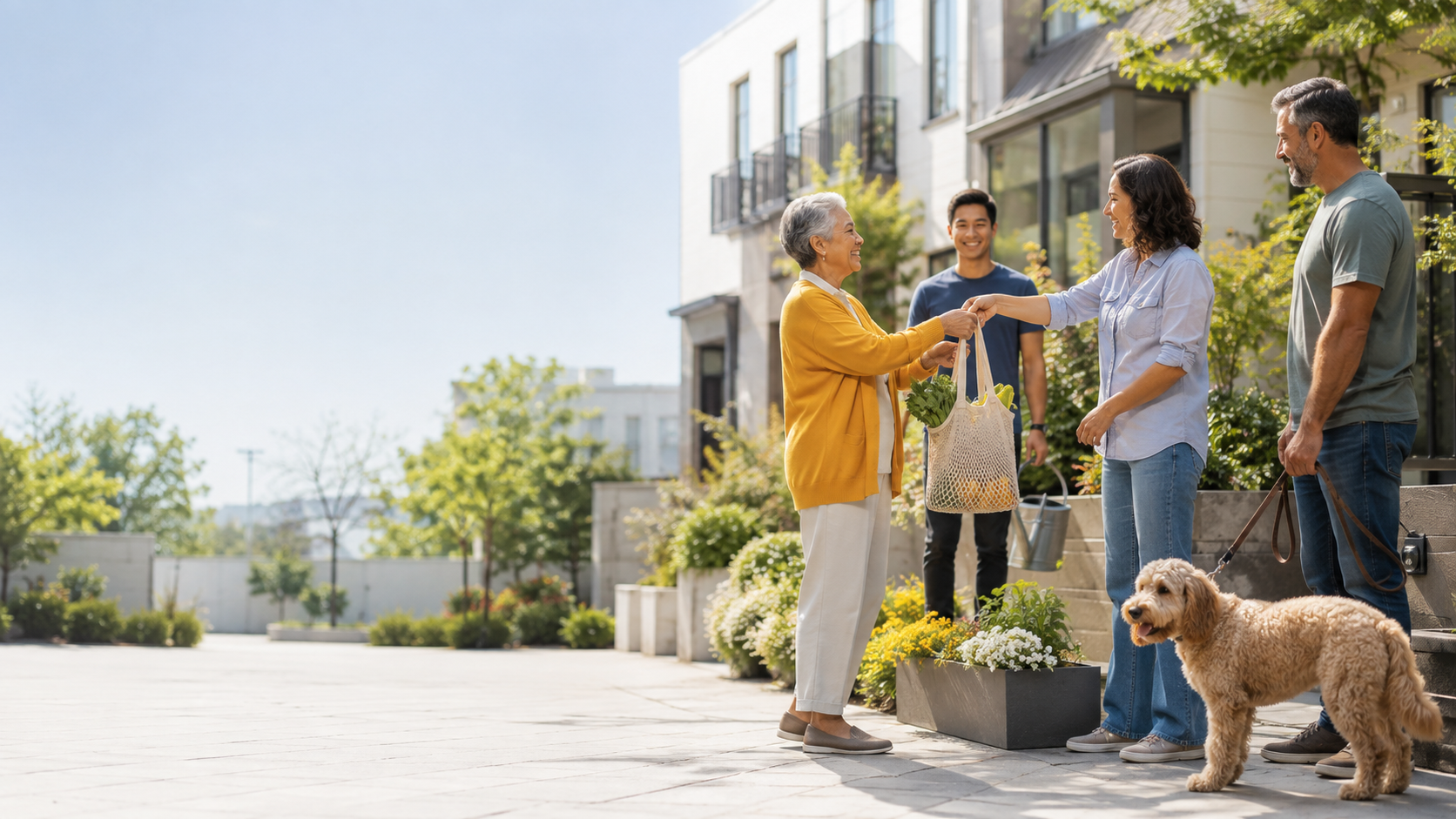 Neighbors helping each other with groceries, plants and a friendly dog